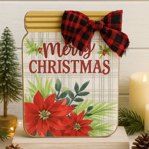 Merry Christmas Mason Jar Wood Sign Rustic Farmhouse Plaid Bow Holiday Decor - Picture 1 of 10